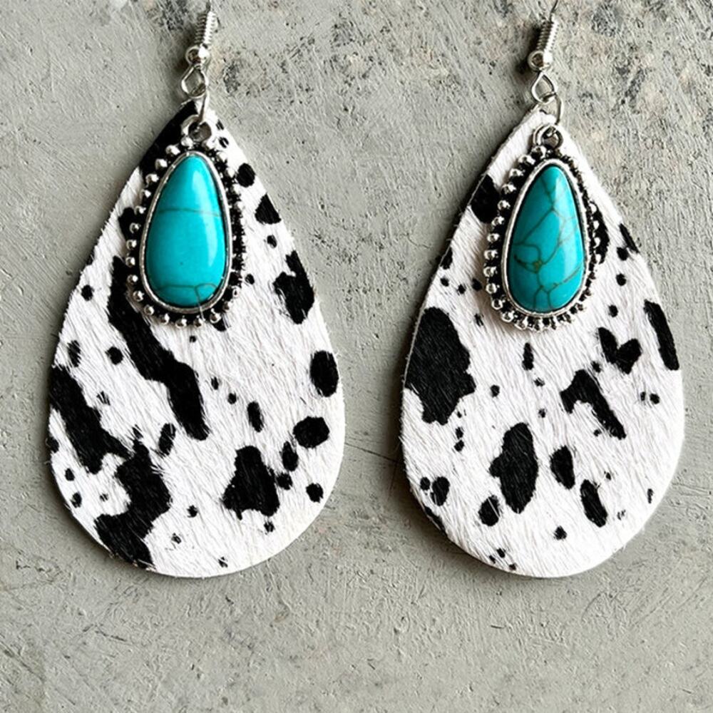 Cow Print Leatherβ Cowhide Suede & Turquoise Fishhook Earrings NWOT